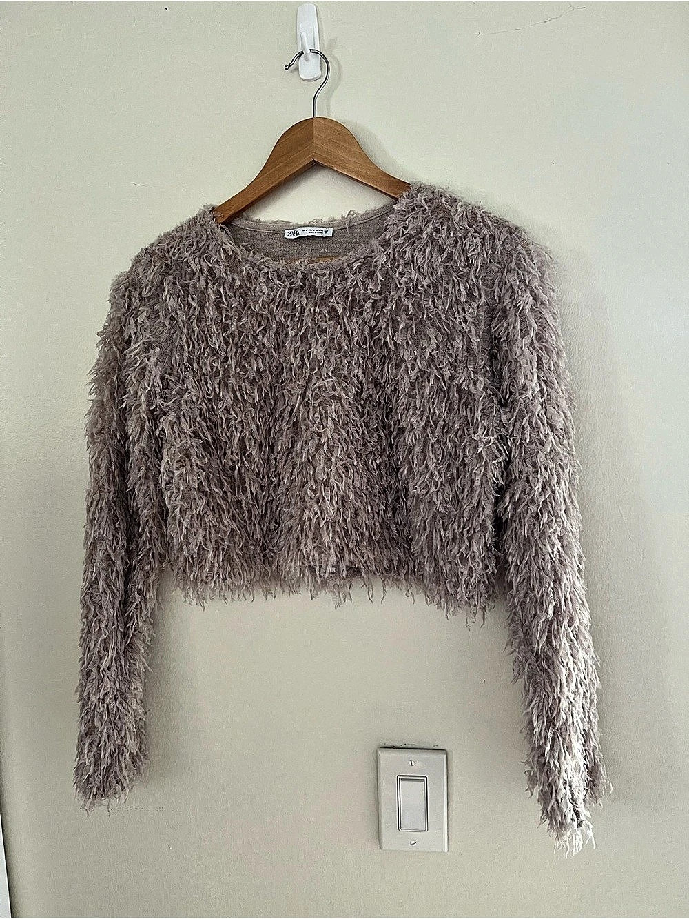 Zara Shaggy Crop Crewneck Sweater in Brown, Medium